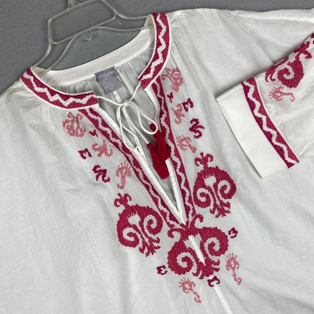 Chicos White Pink Embroidered Cotton Tunic Top Size 3 L XL Boho Tassel V-Neck